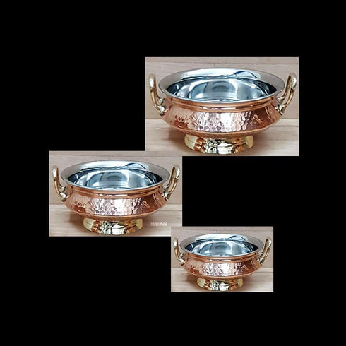 Copper/ss Portion Bowl Lagan Handi w/Base/2Hdls